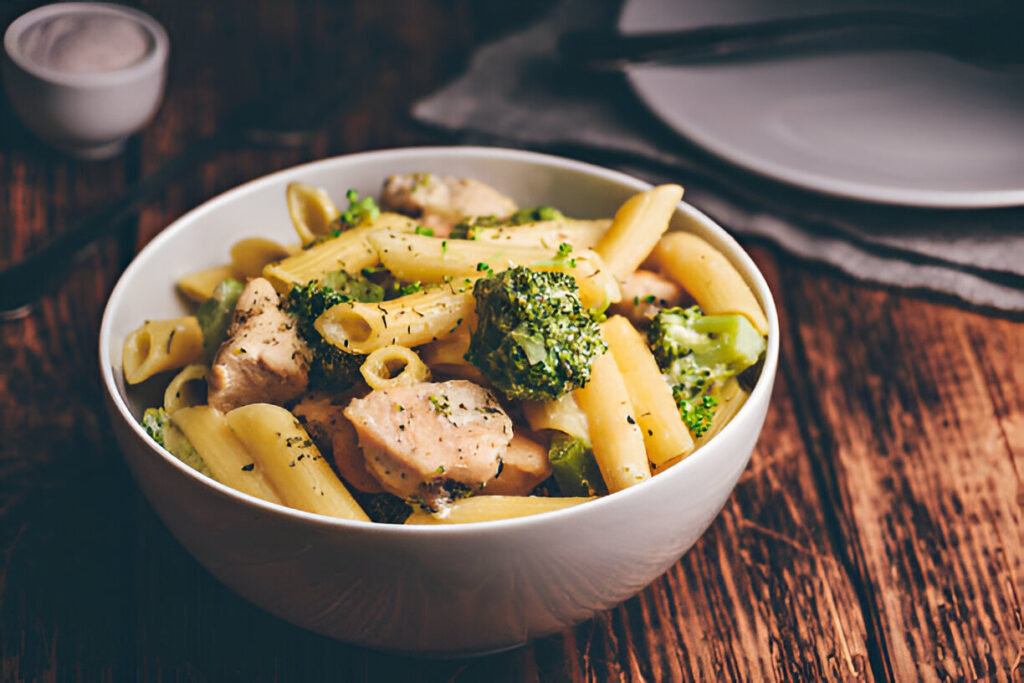 Macarrão integral com frango e brócolis